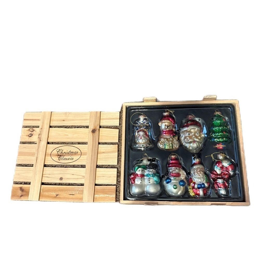 Vintage Blown Glass Painted Ornament Set Christmas Classics Santa Snow Man Bear